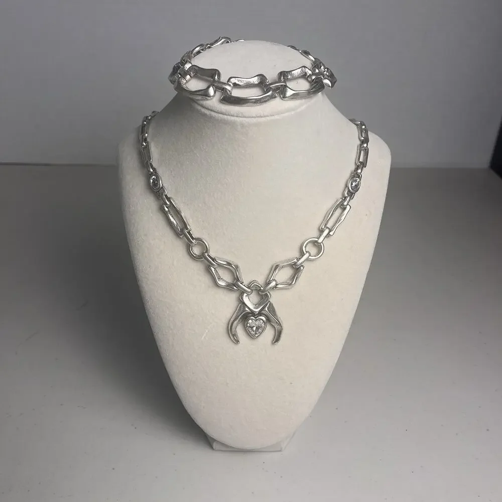 Silver Tone Heart Pendant Necklace Chunky Chain Bracelet Set Statement Bold Y2K